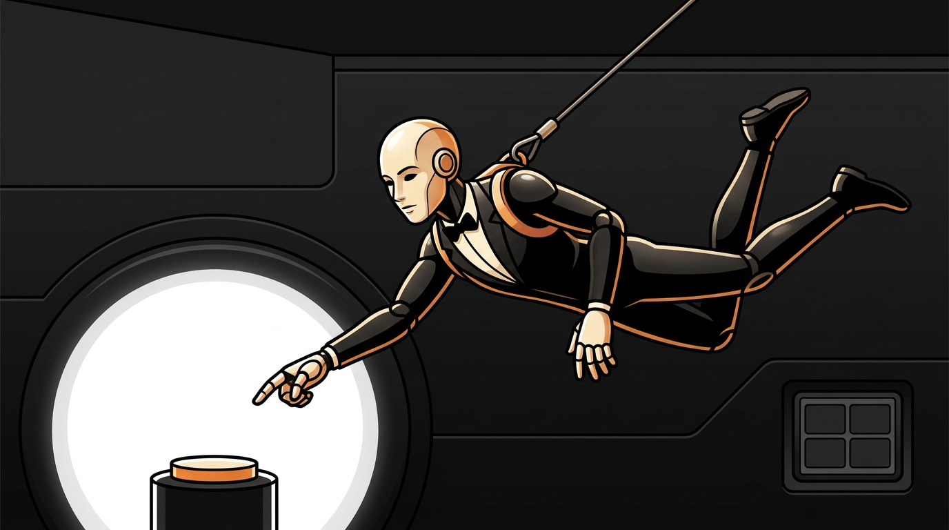 A tuxedo AI agent hangs from a cable above a protected button in a dark vault
